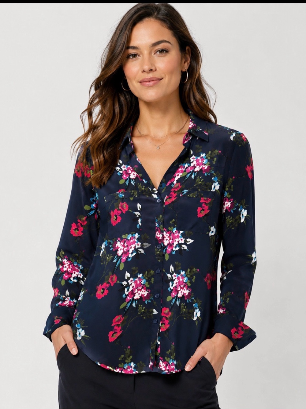 Express Navy Floral Button-Front Shirt with Pink & White Blooms